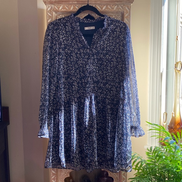 Mango Casual Navy Blue with White and Purple Florals Long Sleeve Ruffled Dress - Picture 1 of 7